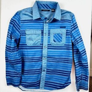 Sean John Boys Blue Striped Long Sleeve Button Down Shirt Faux Suede Yoke Size M